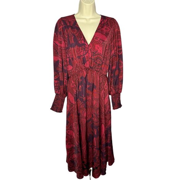 Kobi Halperin Cher Maureen V Neck  Printed Long Sleeves Midi Dress Dark Sz L - Picture 2 of 15